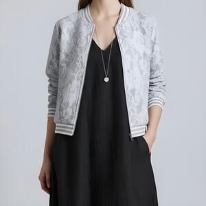 Anthropologie Lucy Paris Lace Bomber Jacket White Gray NWOT S